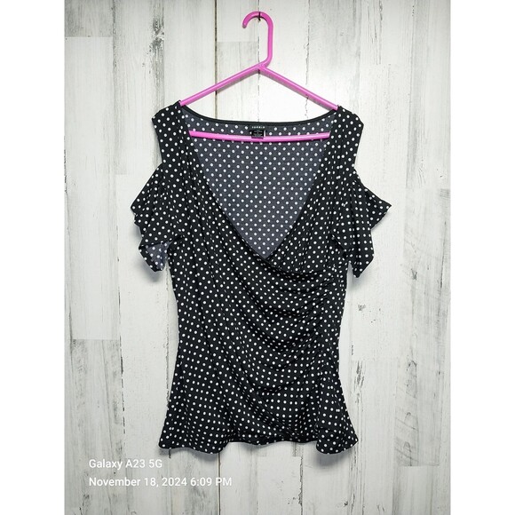 Torrid 2X Black Polka Dot Faux Wrap Cold Shoulder Top - Picture 1 of 6